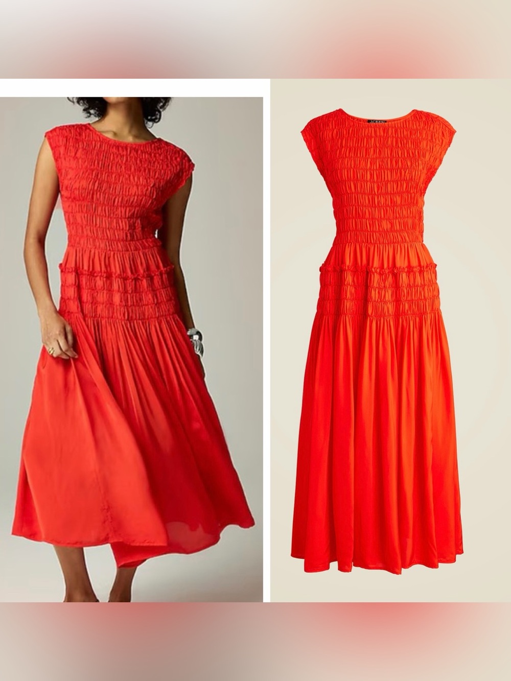 J.Crew Twill Maude Draper, fitted, smocked bodice, Flowy Red Orange Midi Dress S